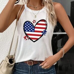White American Flag Stars Stripes Heart Graphic Tank Top